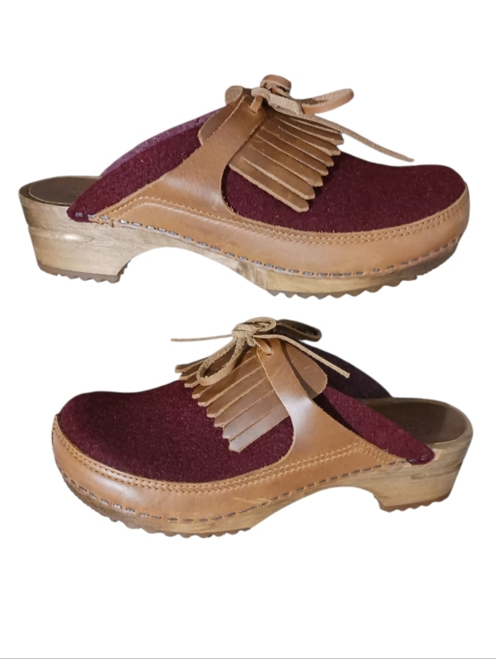 Sanita Karina Wool Felt Leather Wood Danish Clog Wine Red Sundance - Picture 3 of 14
